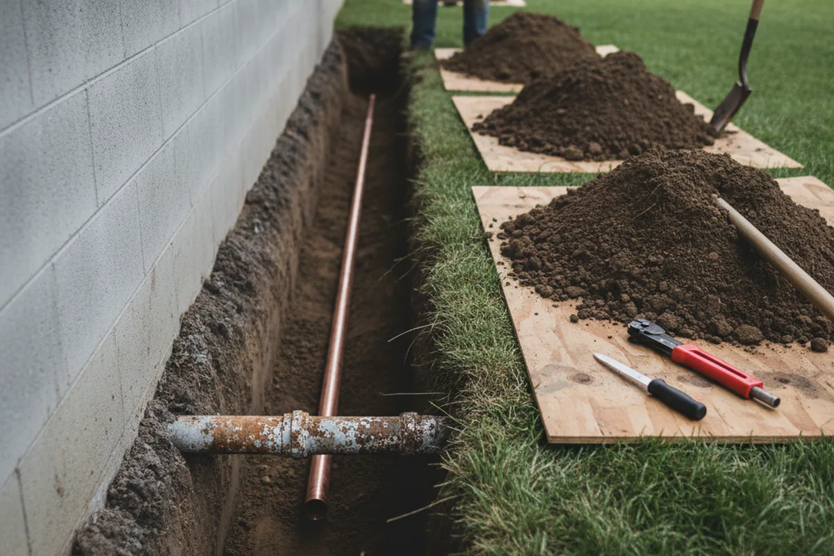 Excavated water line trench during Water Softener Installation in Lowgap